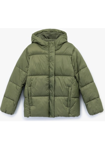 Kapüşonlu Uzun Kollu Cepli Fermuarlı Şişme Mont