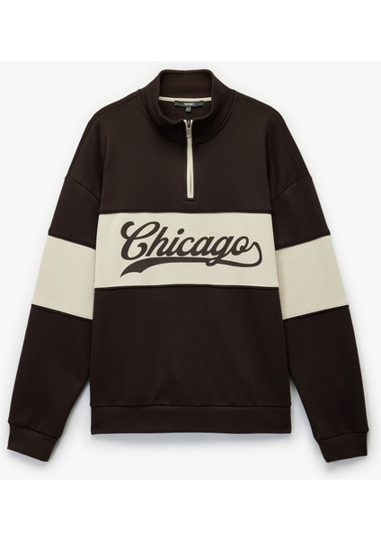 Uzun Kollu Baskılı Oversize Renk Bloklu Yarım Fermuarlı Sweatshirt