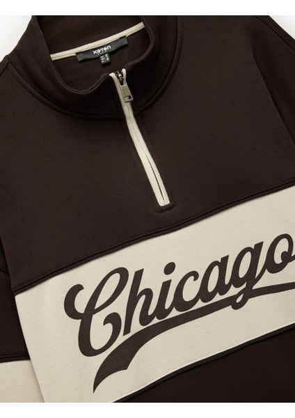 Uzun Kollu Baskılı Oversize Renk Bloklu Yarım Fermuarlı Sweatshirt modelleri