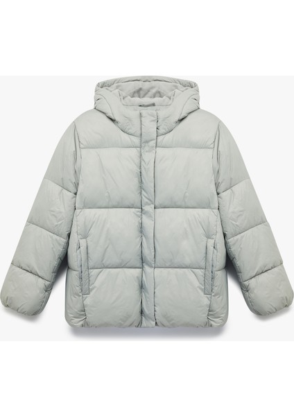 Kapüşonlu Uzun Kollu Cepli Fermuarlı Şişme Mont