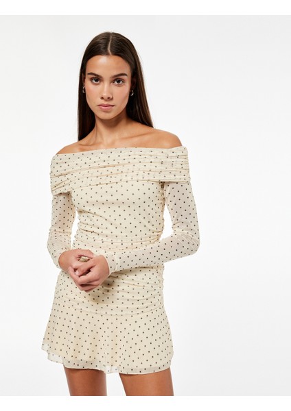 Uzun Kollu Kayık Yaka Slim Fit Asimetrik Kesim Drapeli Puantiyeli Mini Elbise fiyatları