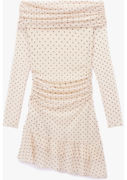 Uzun Kollu Kayık Yaka Slim Fit Asimetrik Kesim Drapeli Puantiyeli Mini Elbise fırsatları