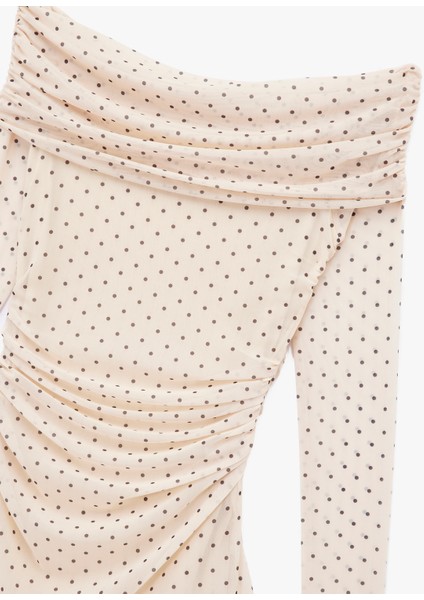 Uzun Kollu Kayık Yaka Slim Fit Asimetrik Kesim Drapeli Puantiyeli Mini Elbise indirimleri