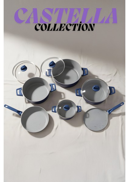 Castella Serisi 10 Parça Granit Tencere Seti – 4 mm Kalınlık, Pyrex Kapaklı LACİVERT