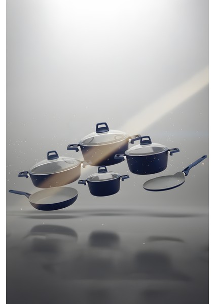 Castella Serisi 10 Parça Granit Tencere Seti – 4 mm Kalınlık, Pyrex Kapaklı LACİVERT modelleri