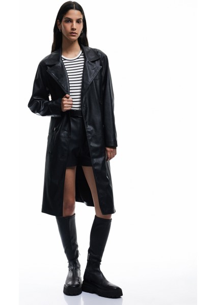 Düğmeli Kruvaze Yaka Uzun Trençkot