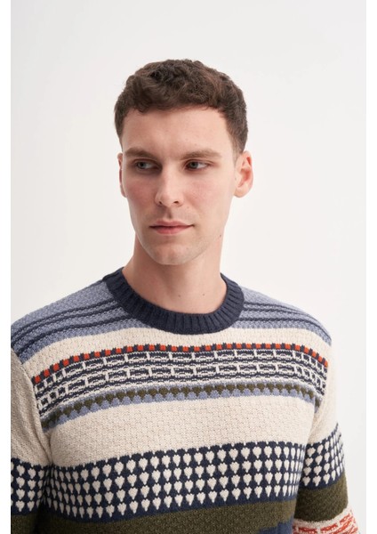 Slim Fit Akrilik Karışımlı Vintage Desenli Bisiklet Yaka Kazak fırsatları