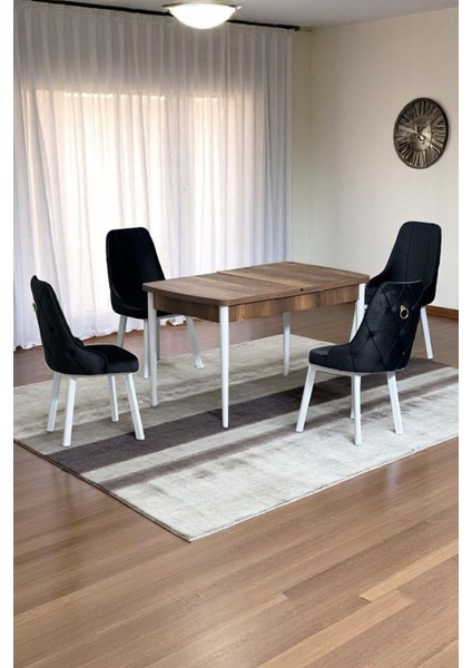 Noır Serisi 4 Kişilik Ceviz Açılır Mdf Masa Beyaz Metal Ayaklı & Baby Face Kumaşlı Sandalye Takımı