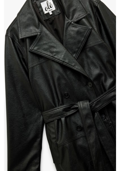 Düğmeli Kruvaze Yaka Uzun Trençkot