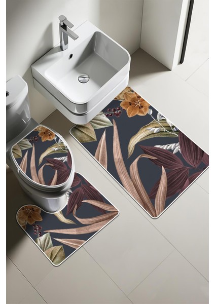 Modern Desenli 3'lü Banyo Paspas Takımı – Yıkanabilir Kaymaz Tabanlı Klozet Takımı KLZ0024