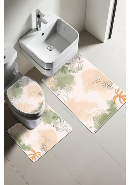 Modern Desenli 3'lü Banyo Paspas Takımı – Yıkanabilir Kaymaz Tabanlı Klozet Takımı KLZ0006