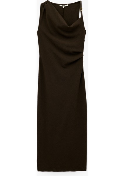 Drapeli Degaje Yaka Kemer Detaylı Viskon Karışımlı Kolsuz Uzun Elbise modelleri