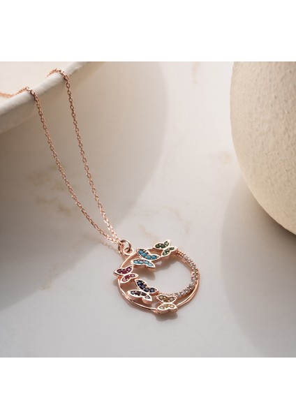 925 Ayar Gümüş Renkli Taşlı Rose Kelebek Kolye