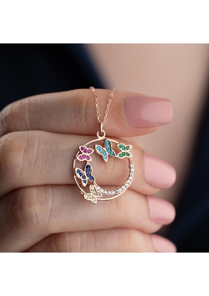 925 Ayar Gümüş Renkli Taşlı Rose Kelebek Kolye fiyatları