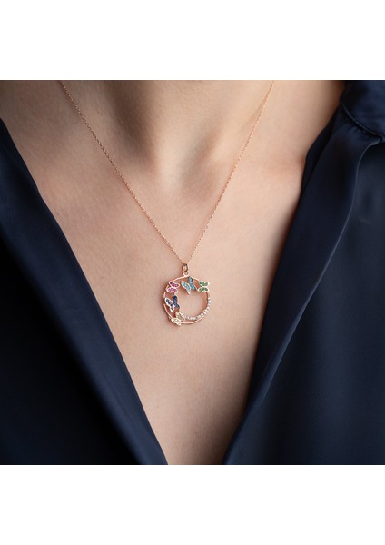 925 Ayar Gümüş Renkli Taşlı Rose Kelebek Kolye modelleri