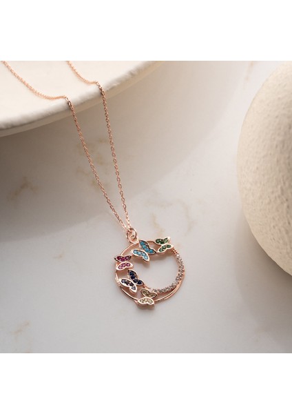 925 Ayar Gümüş Renkli Taşlı Rose Kelebek Kolye fırsatları