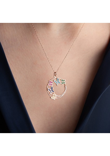 925 Ayar Gümüş Renkli Taşlı Rose Kelebek Kolye indirimleri