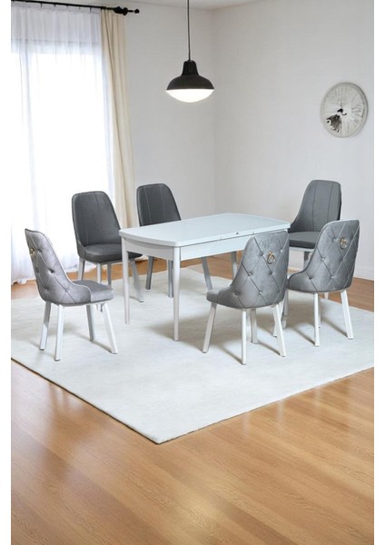 Noır Serisi 6 Kişilik Beyaz Açılır Mdf Masa Beyaz Metal Ayaklı & Baby Face Kumaşlı Sandalye Takımı