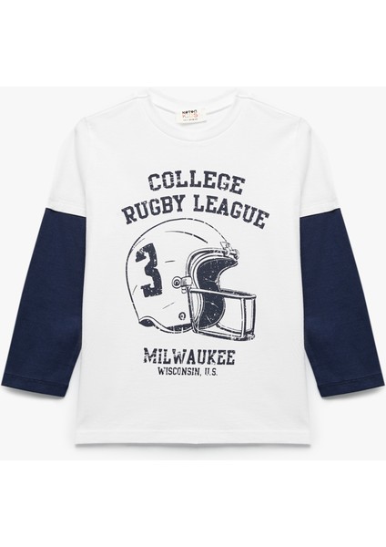 Pamuklu Bisiklet Yaka Uzun Kollu Baskılı Tişört