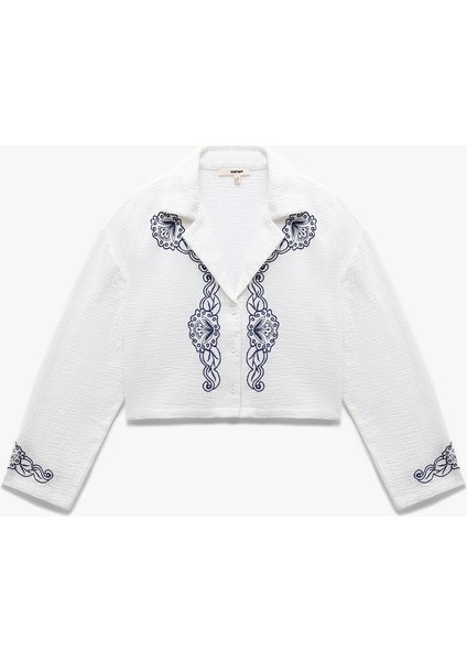 Pamuklu Nakışlı Uzun Kollu Ceket Yaka Crop Müslin Gömlek