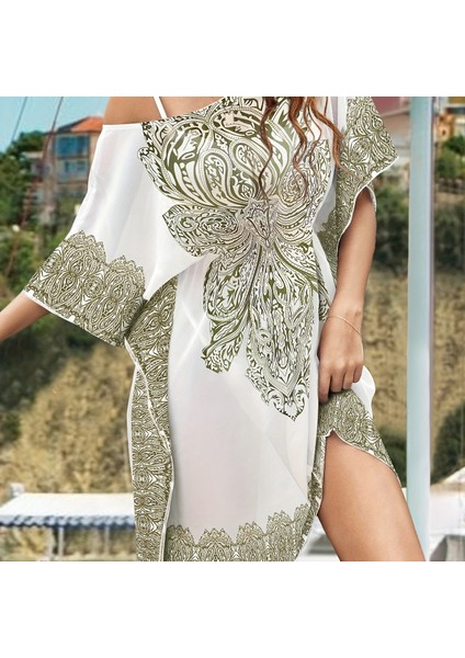 Tcherchı Çiçek Desenli Bol Yarı Transparan Kaftan Tarzı Plaj Elbisesi (Yurt Dışından)