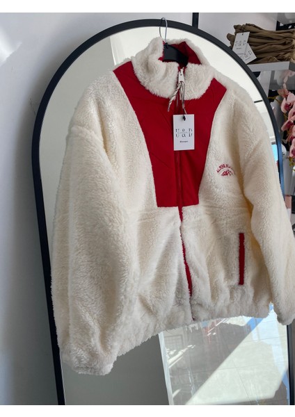 Polar Sherpa Bloklu Fermuarlı Mont – Kırmızı & Ekru