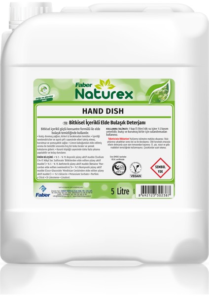 Hand Dish - Bitkisel Esaslı Elde Bulaşık Temizleyici-Doğal Limon Özlü (5l Bidon)