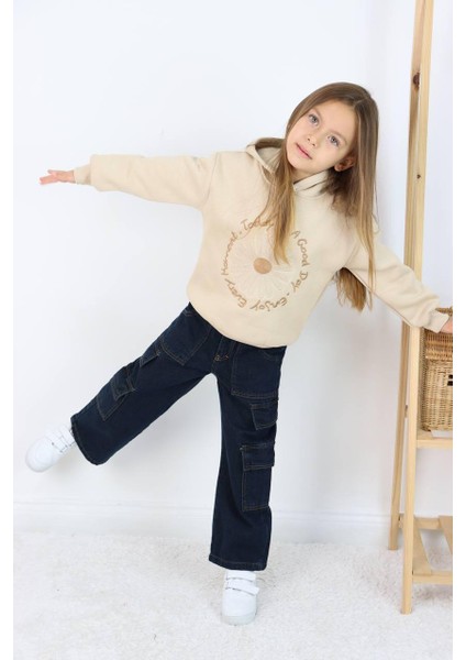Kız Çocuk Jean Kargo Cepli Kot Pantolon Sweatshirtli Takım modelleri