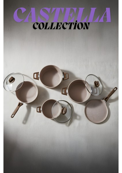 Castella Serisi 10 Parça Granit Tencere Seti – 4 mm Kalınlık, Pyrex Kapaklı BEJ