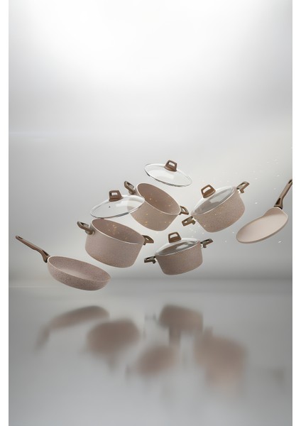 Castella Serisi 10 Parça Granit Tencere Seti – 4 mm Kalınlık, Pyrex Kapaklı BEJ