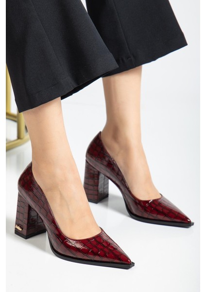 Suins Premium Kevin Model Kadın Kalın Topuklu Kroko Stiletto Ayakkabı modelleri