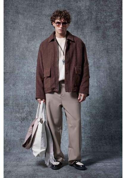 Erkek Boxy Fit Rahat Kesim Desenli Ceket Kahverengi