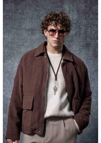 Erkek Boxy Fit Rahat Kesim Desenli Ceket Kahverengi fiyatları