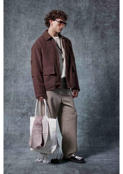 Erkek Boxy Fit Rahat Kesim Desenli Ceket Kahverengi modelleri