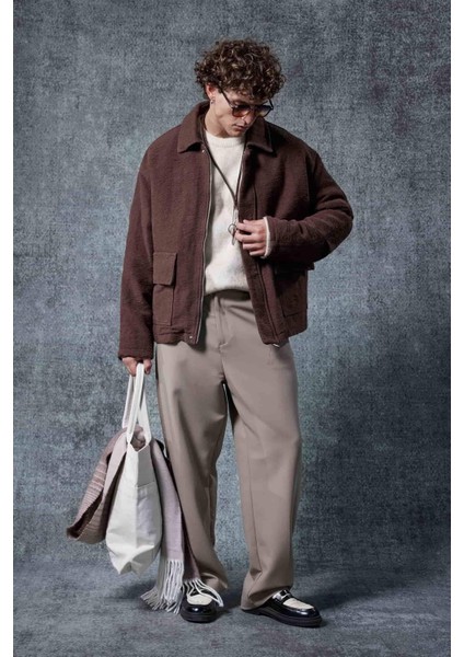 Erkek Boxy Fit Rahat Kesim Desenli Ceket Kahverengi fırsatları