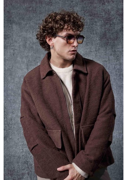 Erkek Boxy Fit Rahat Kesim Desenli Ceket Kahverengi indirimleri