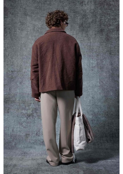 Erkek Boxy Fit Rahat Kesim Desenli Ceket Kahverengi