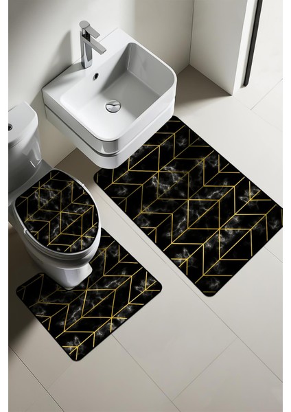 Modern Desenli 3'lü Banyo Paspas Takımı – Yıkanabilir Kaymaz Tabanlı Klozet Takımı KLZ0050