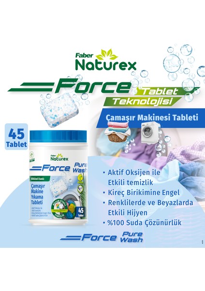 Force Pure Wash - Bitkisel Esaslı Çamaşır Makine Yıkama Tableti 45 Tablet