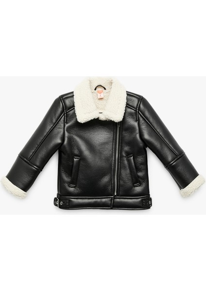 Uzun Kollu Kruvaze Yaka Suni Deri Biker Ceket