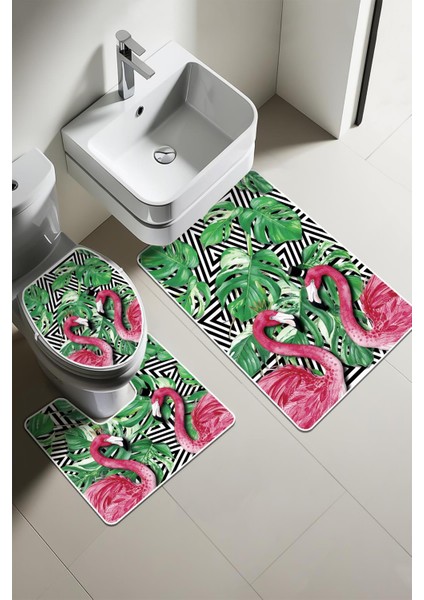 Modern Desenli 3'lü Banyo Paspas Takımı – Yıkanabilir Kaymaz Tabanlı Klozet Takımı KLZ0008