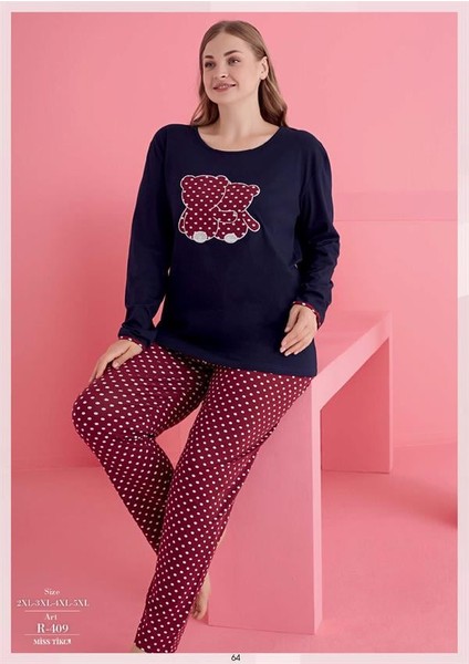 Büyük Beden Pamuklu Ayıcık Desenli Pijama Takımı