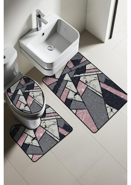 Modern Desenli 3'lü Banyo Paspas Takımı – Yıkanabilir Kaymaz Tabanlı Klozet Takımı KLZ0026