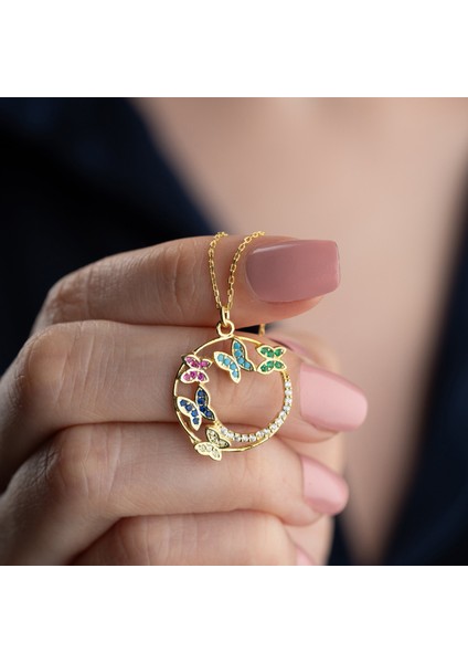 925 Ayar Gümüş Renkli Taşlı Kelebek Kolye