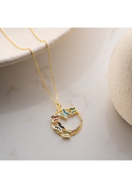 925 Ayar Gümüş Renkli Taşlı Kelebek Kolye fırsatları