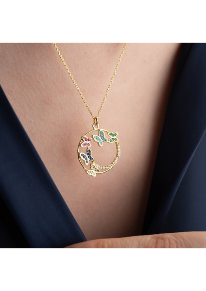 925 Ayar Gümüş Renkli Taşlı Kelebek Kolye indirimleri