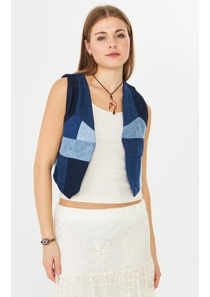 Denim Yelek Mavi Patchwork