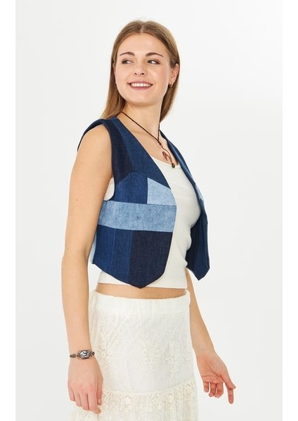 Denim Yelek Mavi Patchwork modelleri