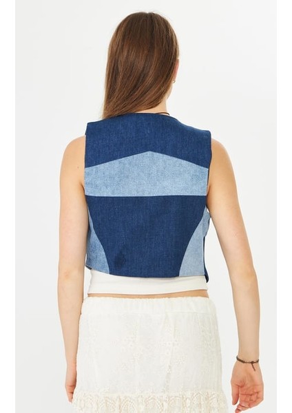 Denim Yelek Mavi Patchwork fırsatları