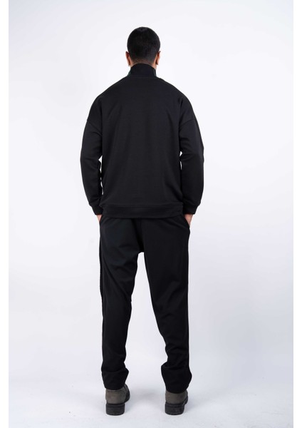 Erkek Regular Fit Boğazlı Kontrast Dikişli %100 Pamuk Siyah Sweat